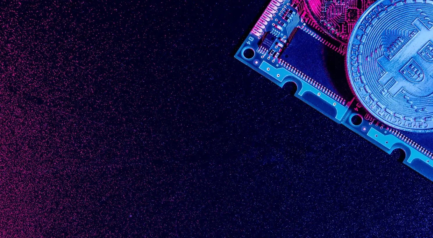 A bitcoin on top of a chipset with background space.
